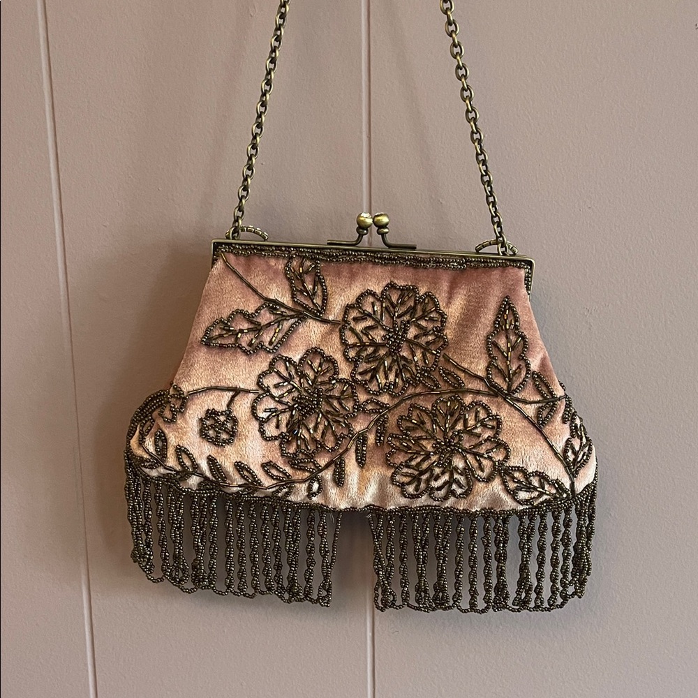 Beaded Pink Floral Fringe Evening Clutch